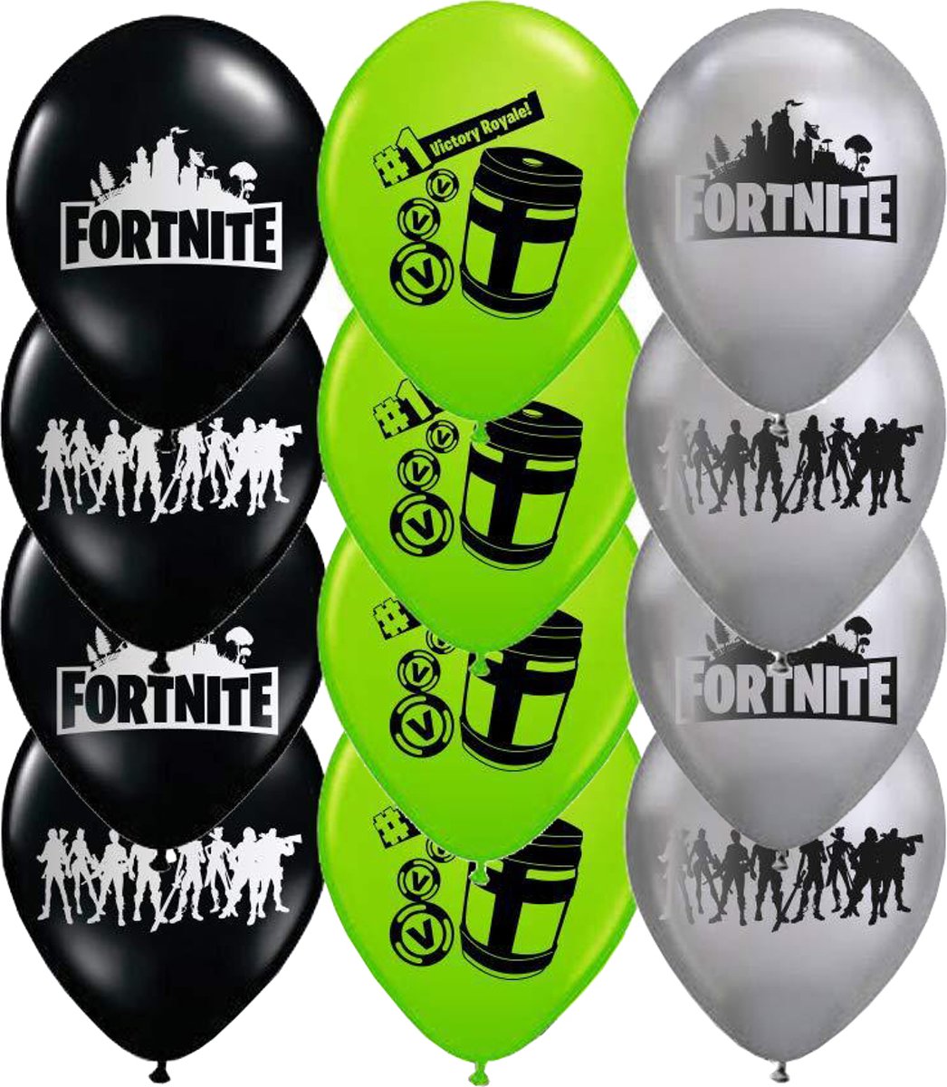 12x Fortnite ballonnen 30 cm | Fortnite party | feestje | zwart - groen - grijs